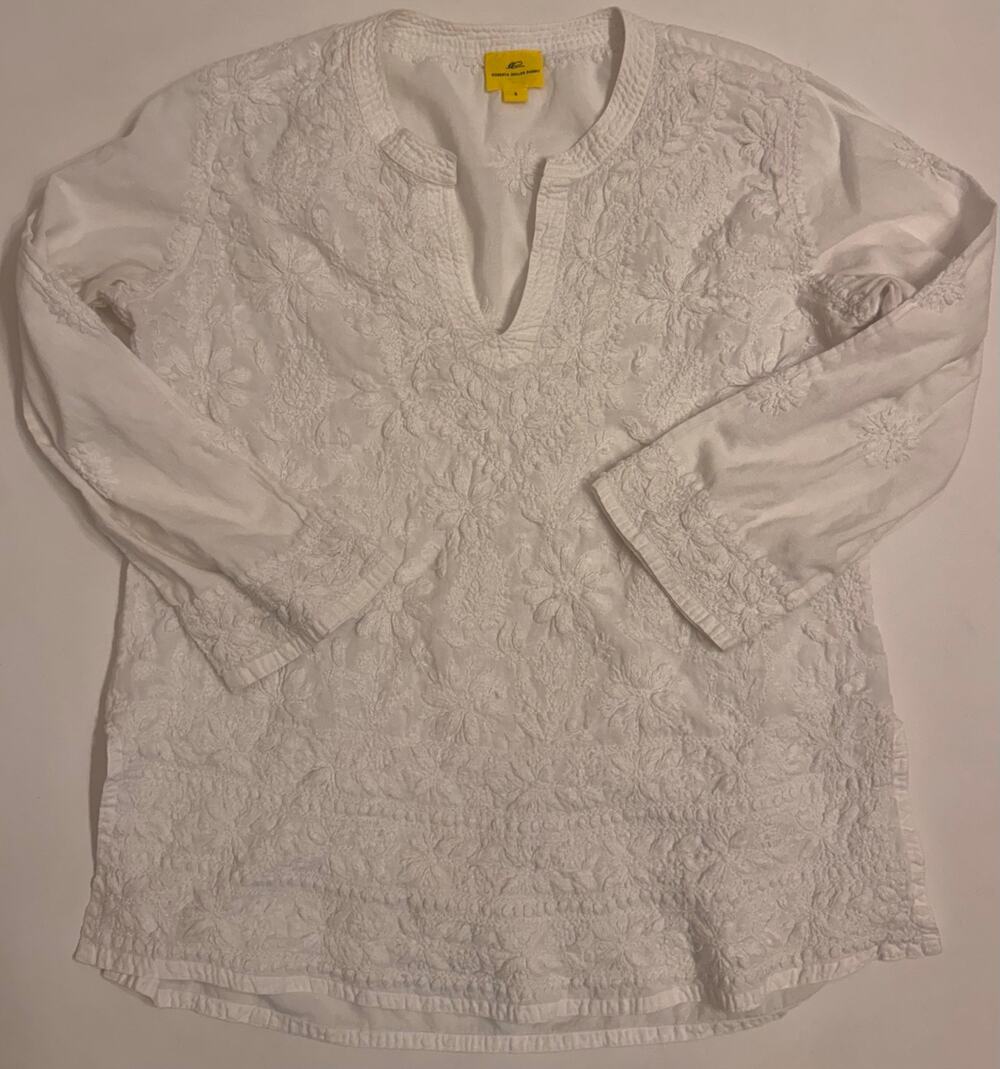 Roberta Roller Rabbit Samson Tunic Women's Sz S White/Floral Embroidered